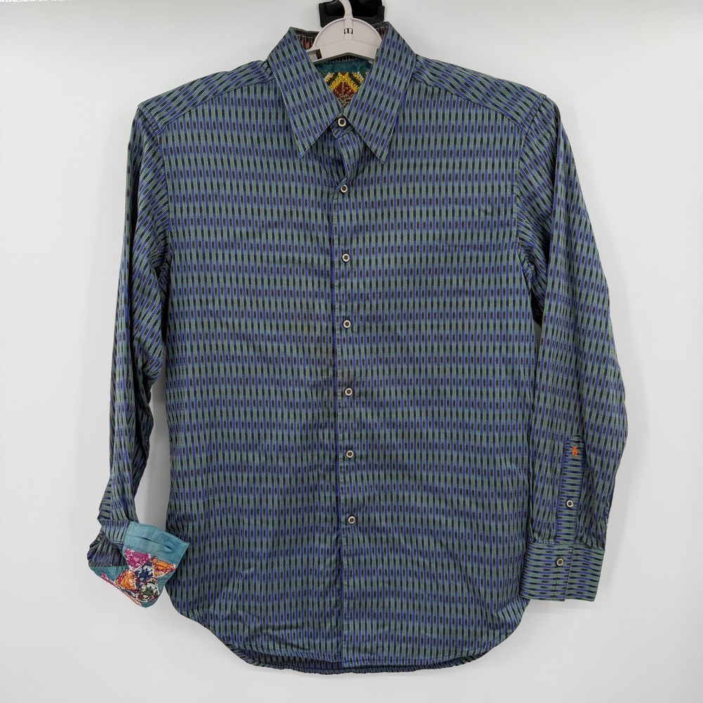 Robert Graham Mens Blue Green Geometric Stripe Long Sleeve‎ Button Down Shirt M